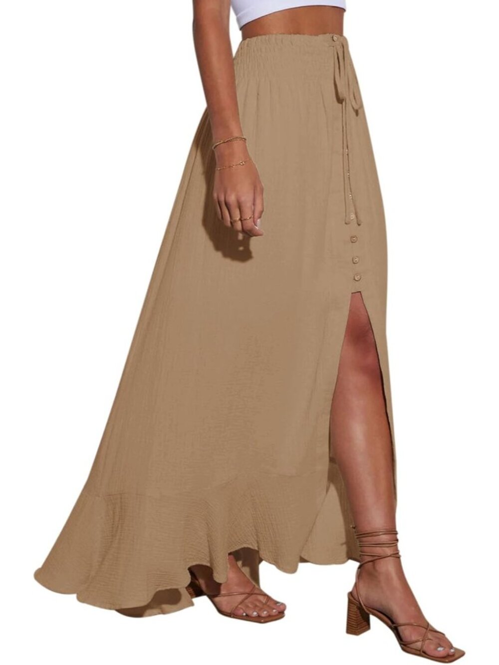 Women's Khaki Tie Elastic Button Down Loose Flowy Swing Slit Front Maxi Skirt - Picture 2 of 6